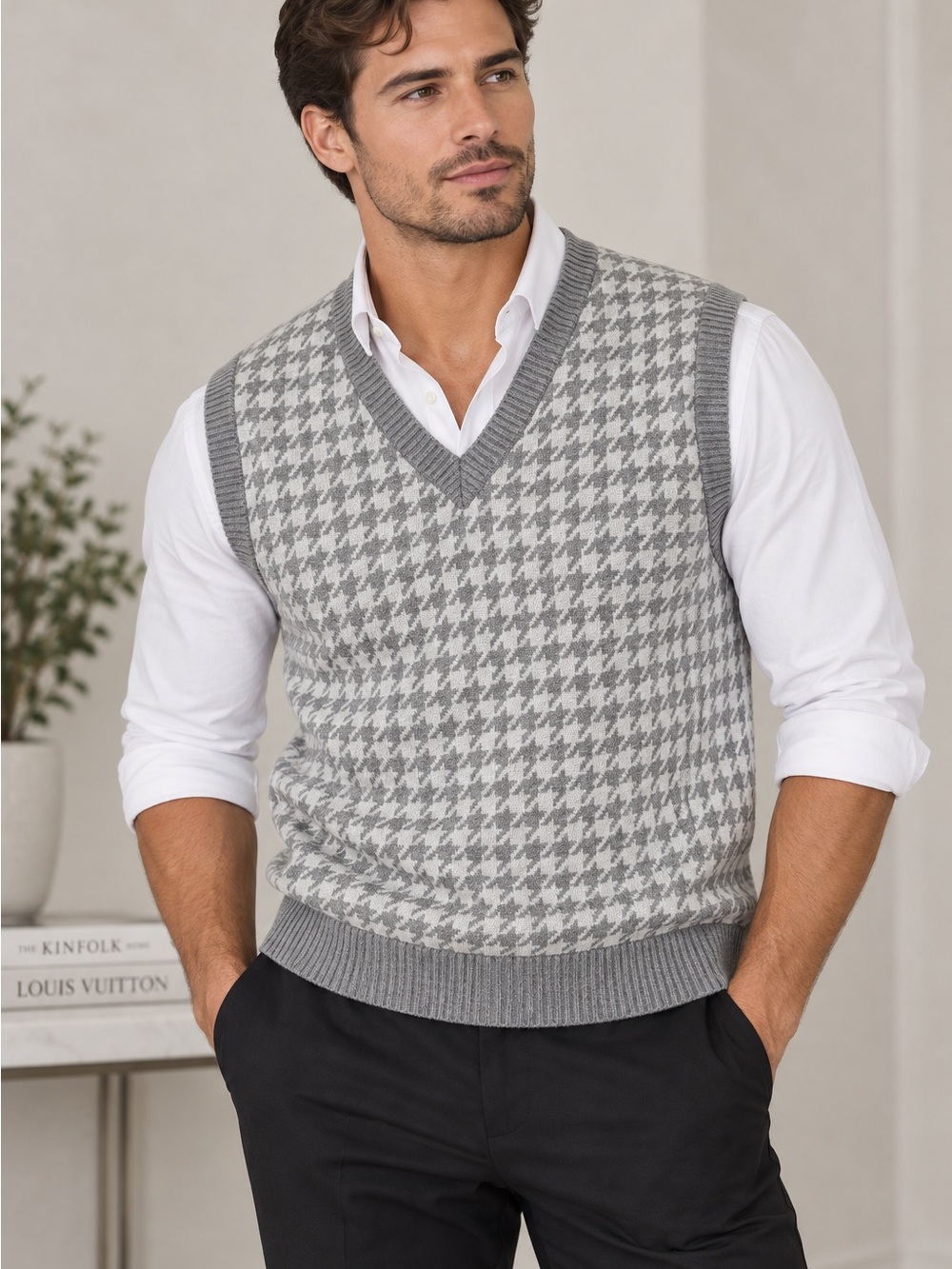 Abercrombie & Fitch Gray and White Houndstooth V-Neck Sweater Vest